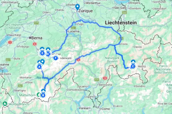 Mapa Zermatt-StMoritz-Interlaken